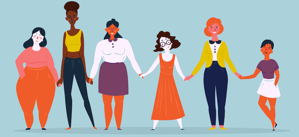 Six diverse women holding hands